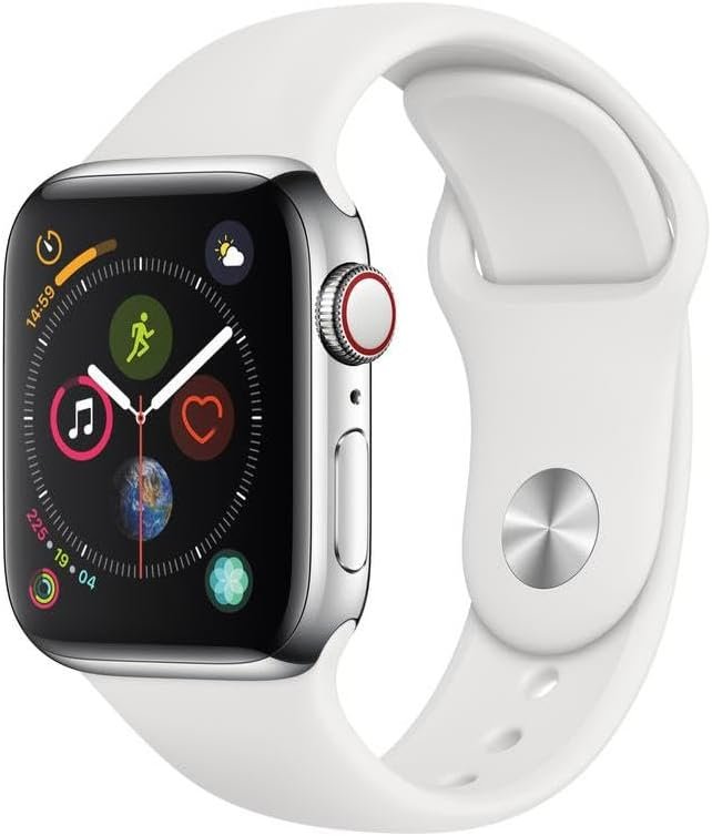 Apple Watch Series 4 (GPS + Cellular, 40MM) - Stainless Steel Case with White Sport Band (Renewed)