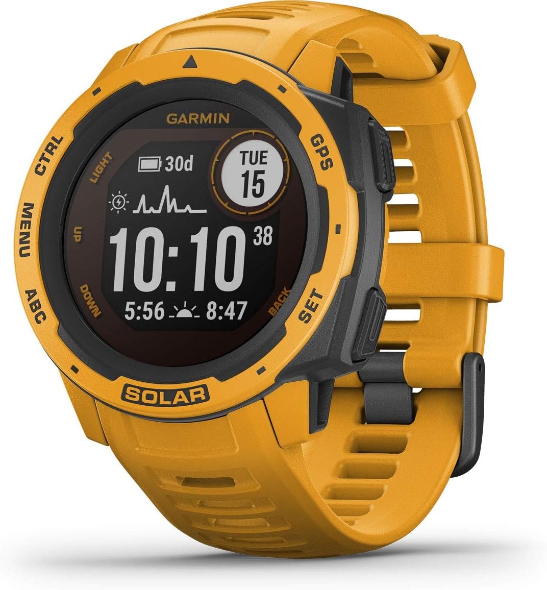 Garmin Instinct Solar, Rugged Outdoor Smartwatch with Solar Charging Capabilities, Built-in Sports Apps and Health Monitoring, Sunburst Yellow