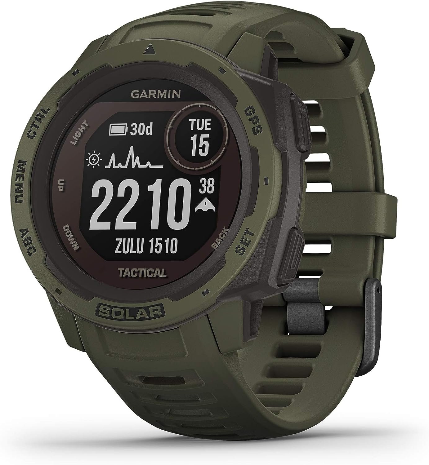 Garmin Instinct, Rugged Outdoor Smartwatch with Solar Charging Capabilities and Tactical Features, Built-in Sports Apps and Health Monitoring, Moss Green