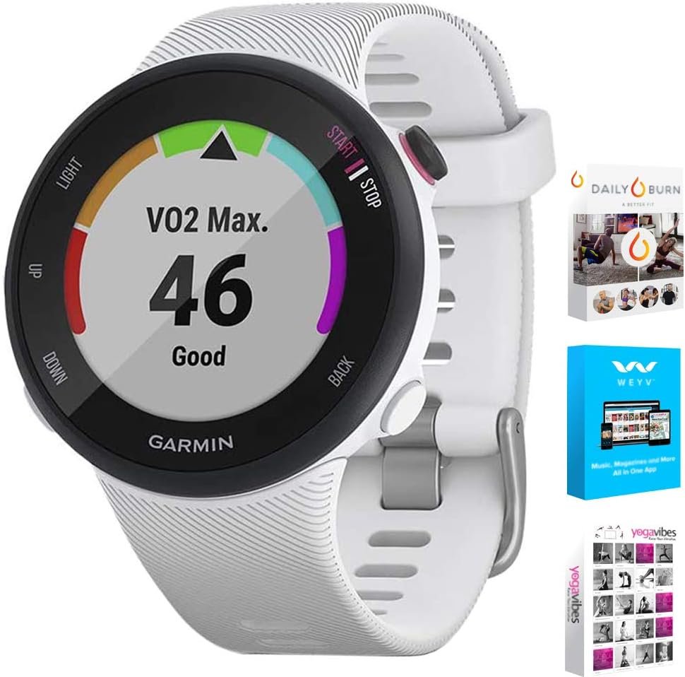 Garmin Forerunner 45S GPS Heart Rate Monitor Running Smartwatch - (Renewed) Bundle with Fitness & Wellness Suite (WEYV, Yoga Vibes, Daily Burn)