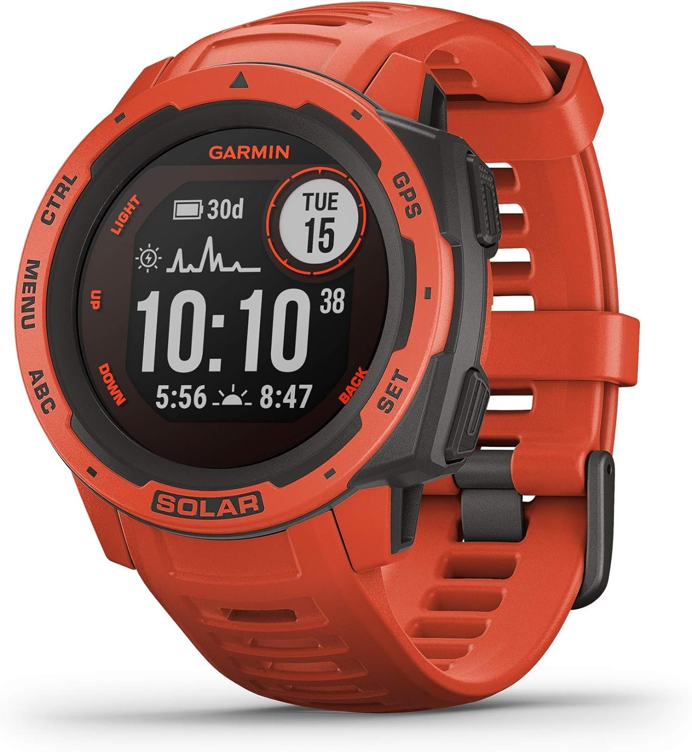 Garmin Instinct Solar, Solar-Powered Rugged Outdoor Smartwatch, Built-in Sports Apps and Health Monitoring, Flame Red (Renewed)