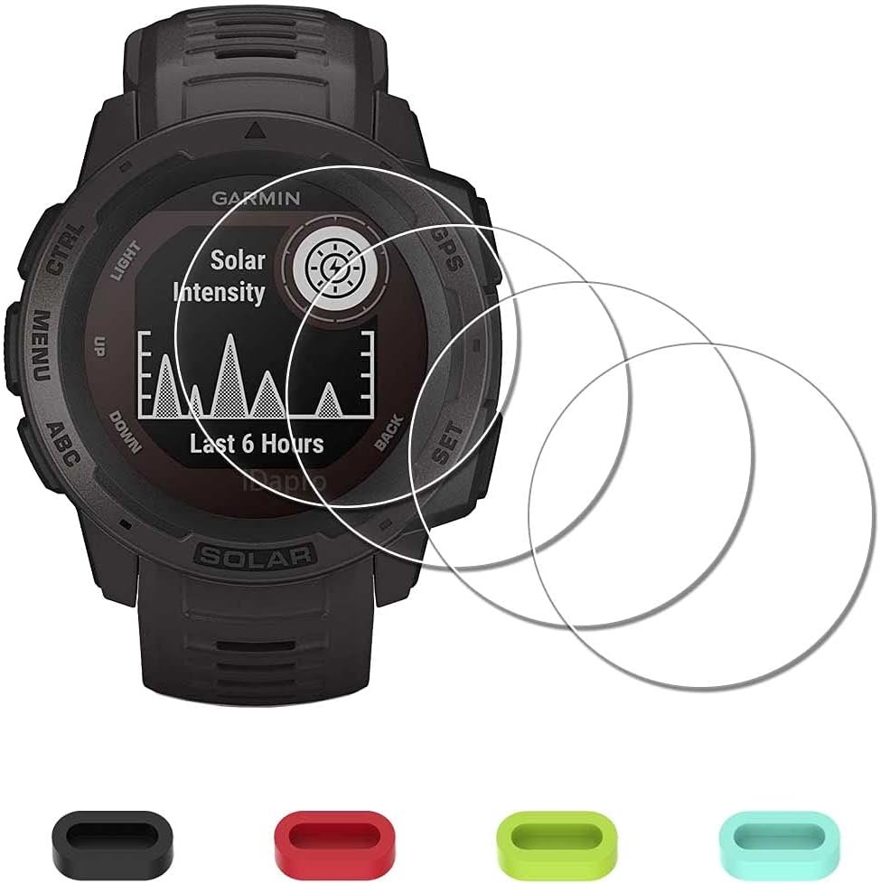 [4 Pack] Screen Protector for Garmin Instinct Solar Tactical/Instinct Tactical/Instinct Watch + Silicone Anti-dust Plugs Tempered Glass Anti-Scratch Bubble-Free