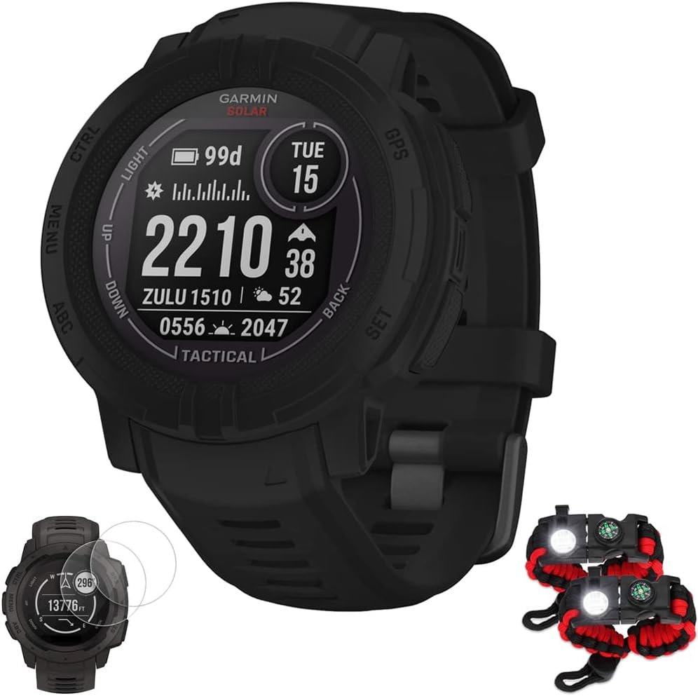 Garmin 010-02627-13 Instinct 2 Solar Smartwatch, Tactical Edition, Black Bundle with Deco Essentials 2X Tactical Emergency Paracord Multipurpose Bracelet and 2X Screen Protector