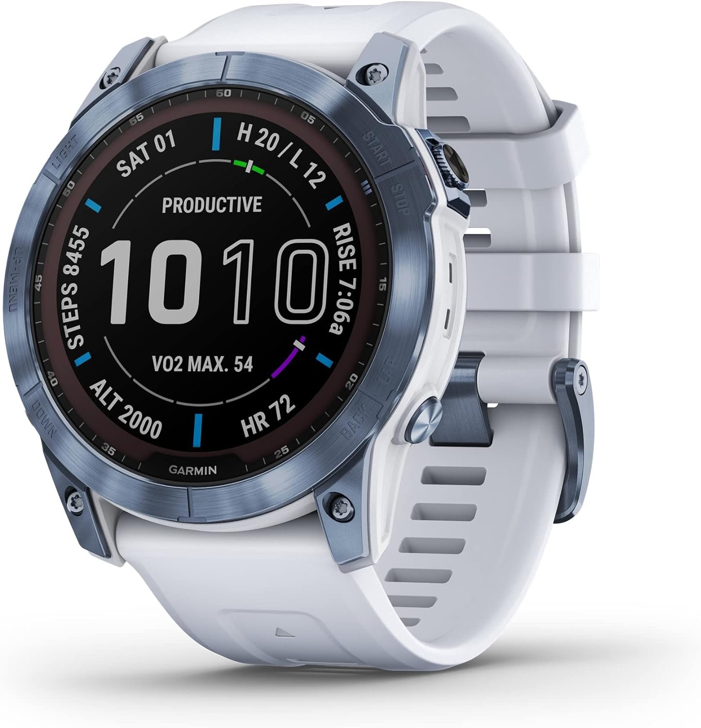 Garmin Fenix 7X Sapphire Solar, Adventure Smartwatch, w/Solar Charging Capabilities, Rugged Outdoor GPS Watch, Touchscreen, Wellness Features, Mineral Blue Titanium w/Whitestone Band (Renewed)