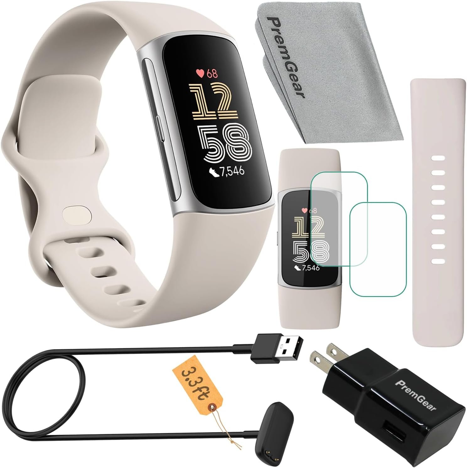 Fitbit Charge 6 Fitness Tracker Watch (White) Bundle with 2 Watch Bands, 3.3foot Charge Cable, Wall Adapter, 2 Screen Shields & Cleaning Cloth