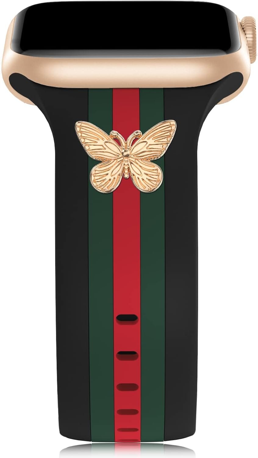 Designer Band with Charms Decor Compatible with Apple Watch Band 38mm 40mm 41mm 42mm 44mm 45mm 49mm Women Men, Stylish Silicone Sport Wristbands for iWatch Series 8 7 6 5 4 3 2 1 SE Ultra