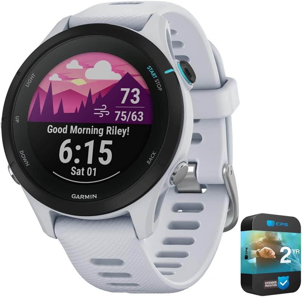 Garmin 010-02641-21 Forerunner 255 Music GPS Smartwatch Whitestone Bundle with 2 YR CPS Enhanced Protection Pack