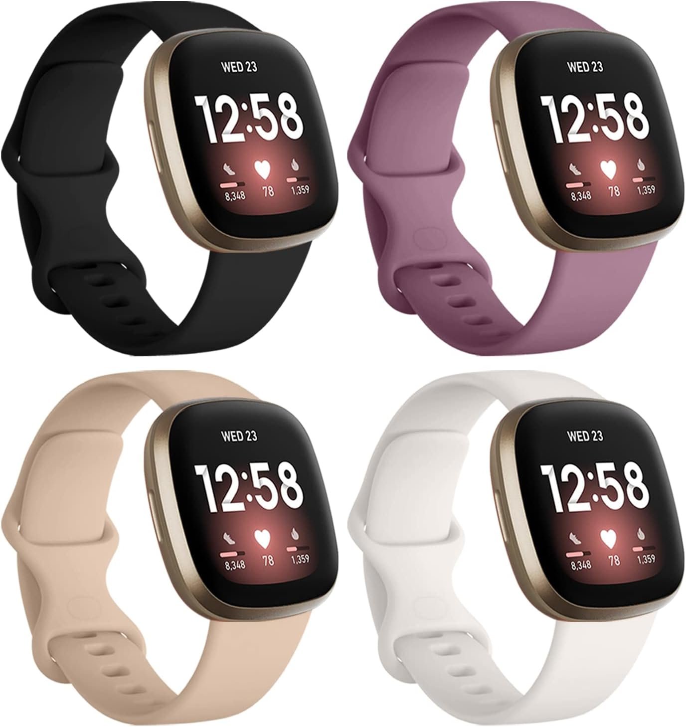 Dirrelo Compatible for Fitbit Sense Versa 3 Bands Women Men, Soft Sport Watch Strap Replacement Band for Versa 3 Sense Versa 4 Sense 2 Smartwatch Wristband Small, Black/Smoke Violet/Nude/Starlight