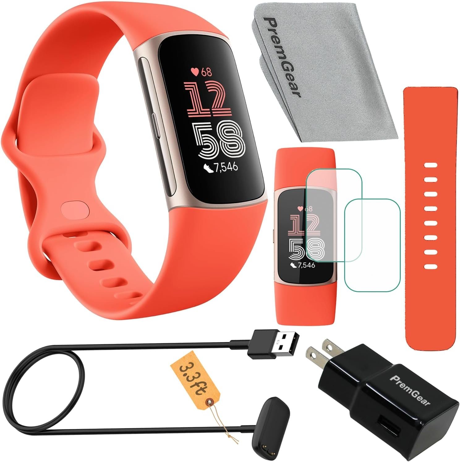 Fitbit Charge 6 Fitness Tracker Watch (Coral) Bundle with 2 Watch Bands, 3.3foot Charge Cable, Wall Adapter, 2 Screen Shields & Cloth