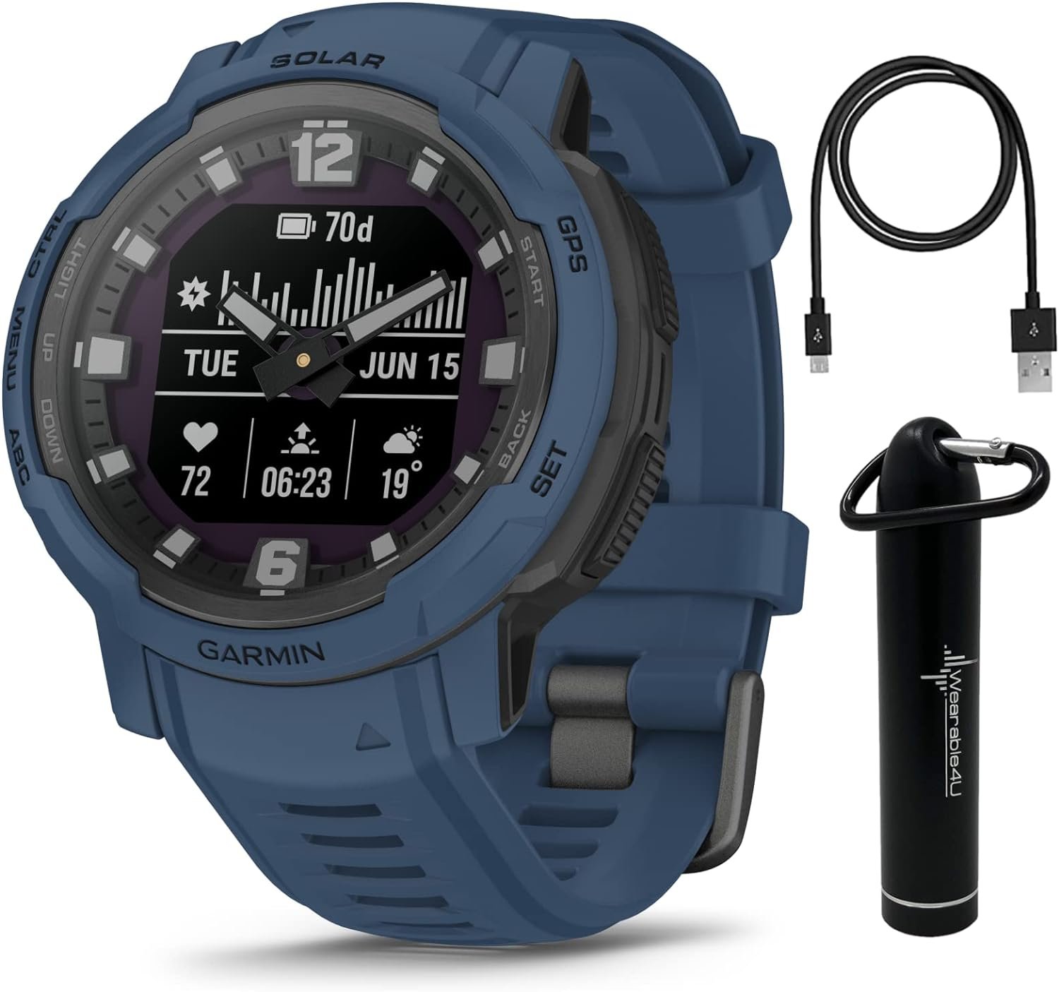 Wearable4U - Garmin Instinct Crossover Solar, Rugged Hybrid Smartwatch, Analog Hands and Digital Display 1.27 in, Tidal Blue with E-Bank Bundle
