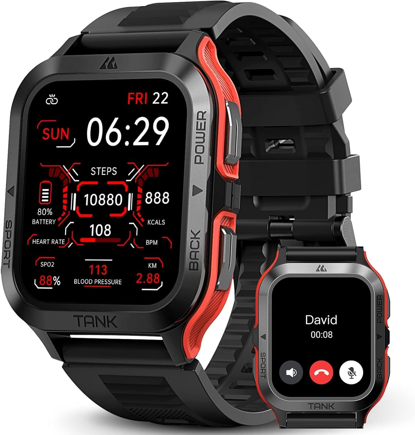 AMAZTIM Smart Watch, 60 Days Extra-Long Battery, 50M Waterproof, Rugged Military Bluetooth Call(Answer/Dial Calls),1.85" Ultra Large HD Display, AI Voice Assistant,Compatible for Android and iOS(Red)