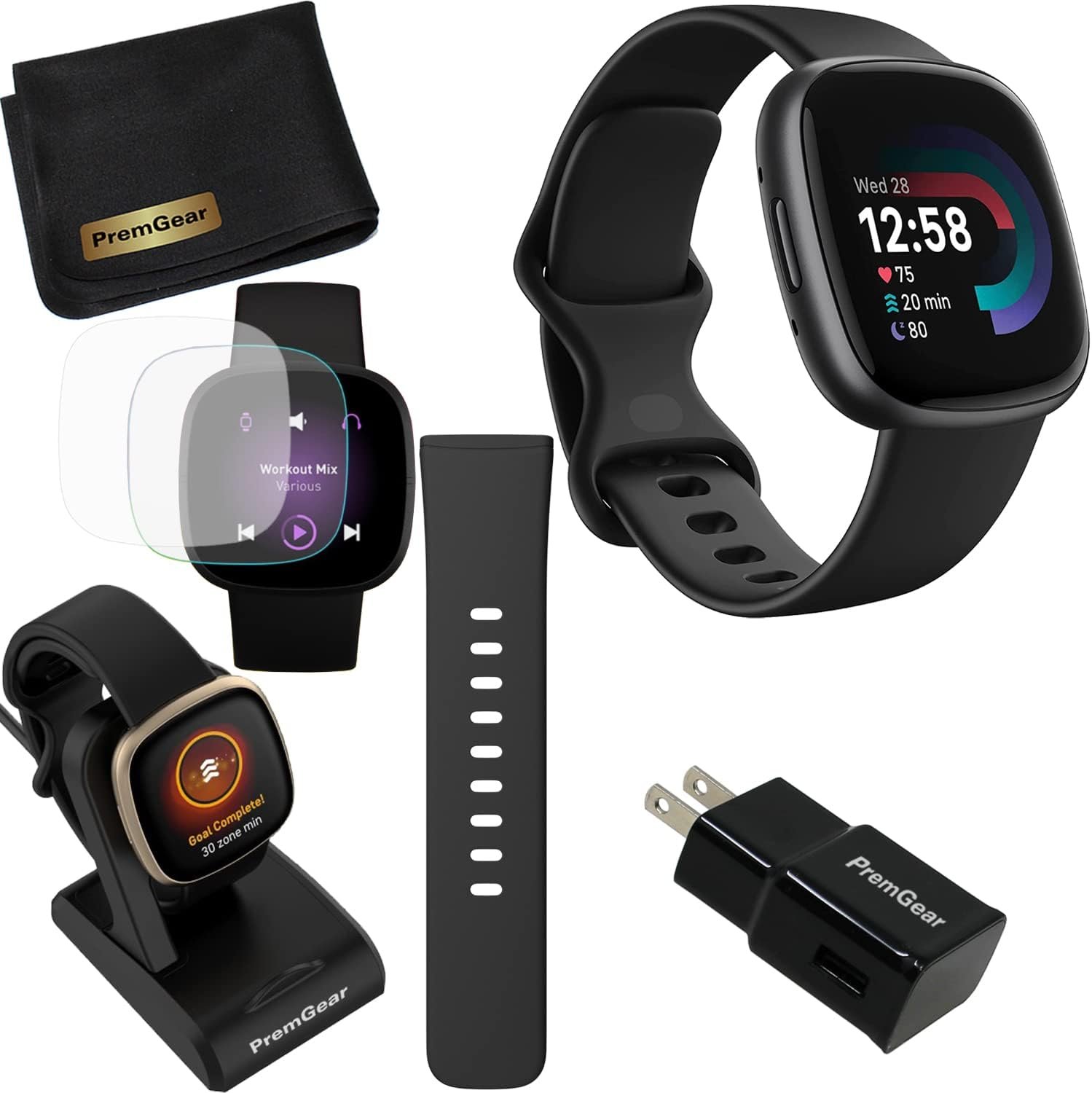 Fitbit Versa 4 Health and Fitness Smart Watch (Black/Graphite) with Built-in GPS, 6 Day Battery Life, S & L Bands, Bundle with 3.3foot Charge Cable, Wall Adapter, Screen Protectors & PremGear Cloth