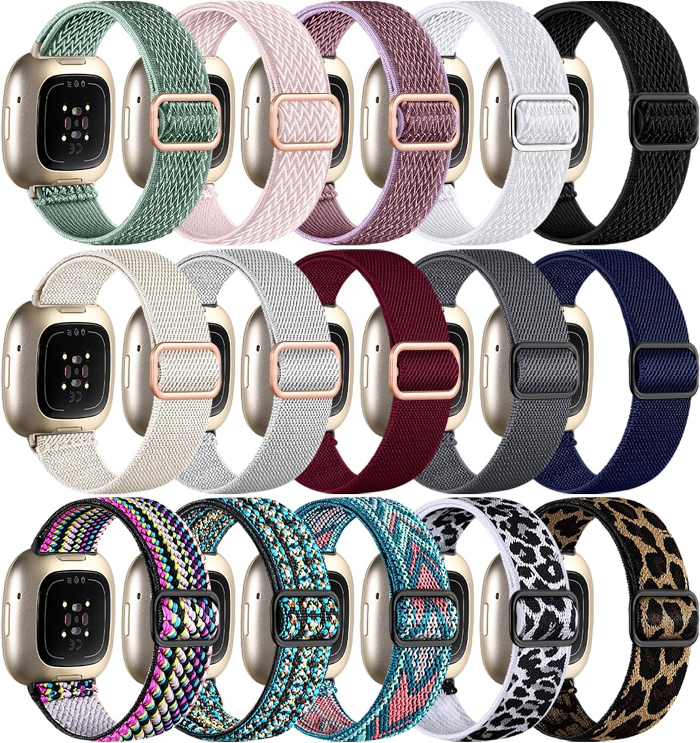 15 Pack Elastic Bands Compatible with Fitbit Sense Bands/Sense 2/Versa 3/Versa 4 Bands for Women Men, Comfortable Nylon Solo Loop Replacement Strap for Versa 4/Versa 3/Sense 2/Sense Wristbands