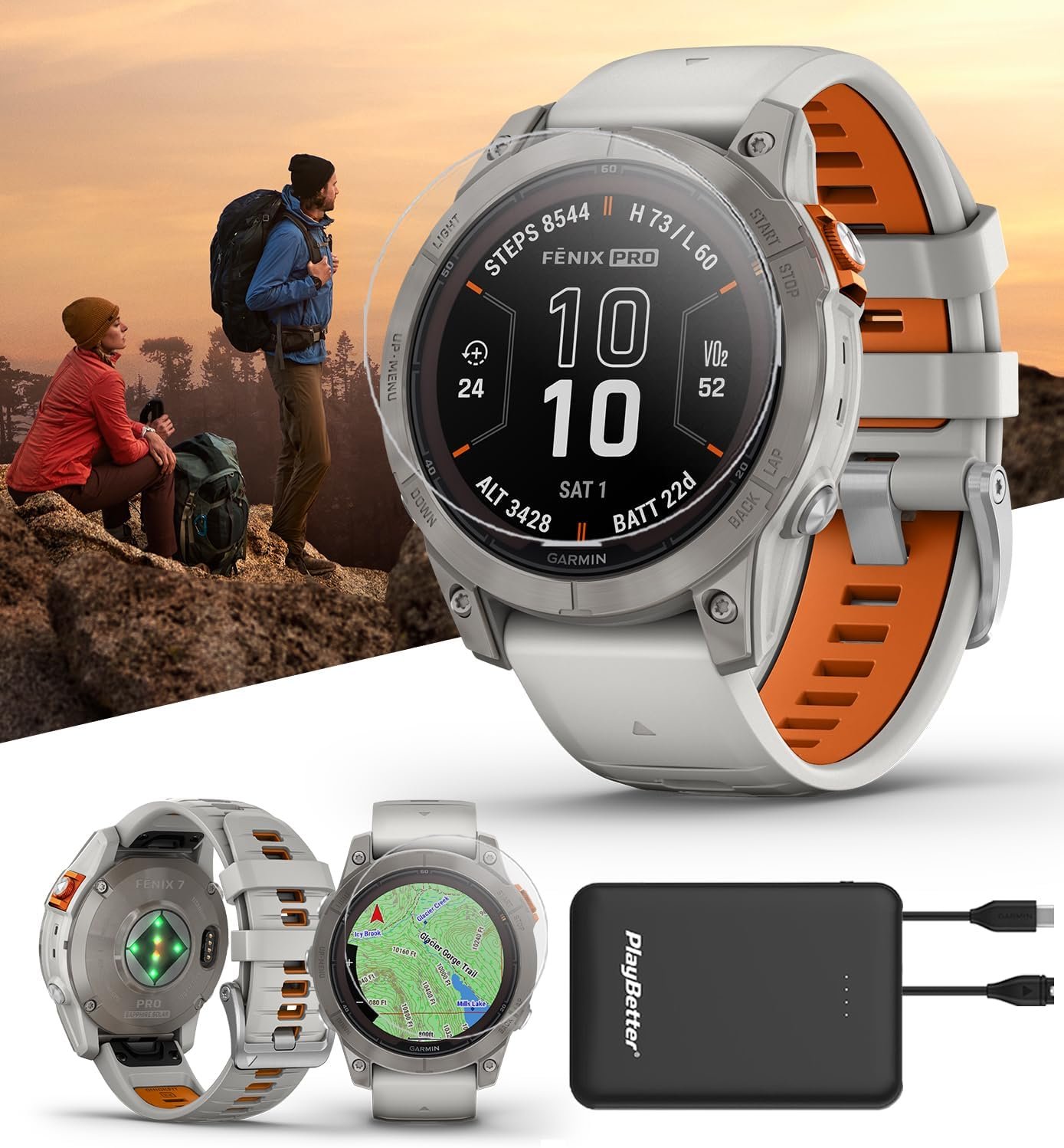 Garmin Fenix 7 Pro Sapphire Solar (Fog Gray/Ember Orange) Multisport GPS Smartwatch Bundle - Training, Sleep/Health Tracking, Flashlight - includes Screen Protectors & Portable Charger