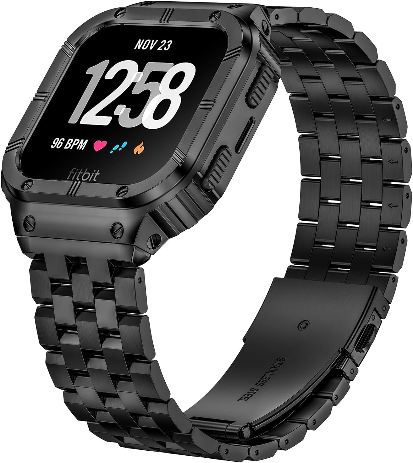 SUPLINK Stainless Steel Case & Band Compatible with Fitbit Versa 4 Bands/Versa 3/Versa/Versa 2 Watch bands Men,Protector Cover Strap for Fitbit Sense/Versa Lite/Fitbit Sense 2 Bands,Black