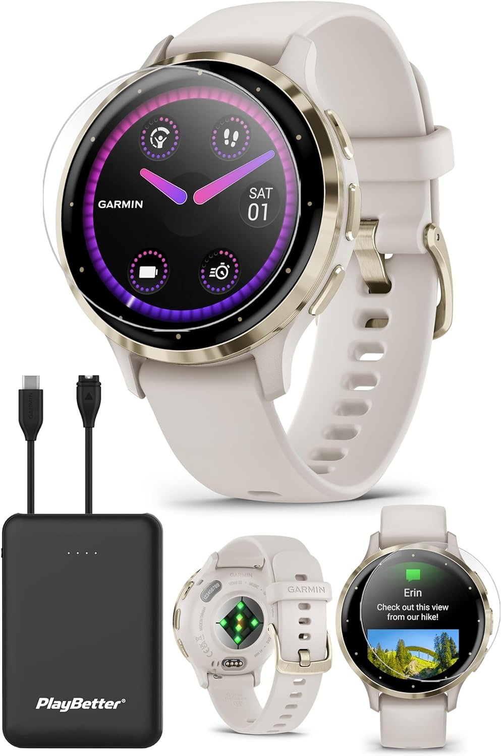 PlayBetter Garmin Venu 3S (Soft Gold/Ivory) Fitness GPS Smartwatch Bundle - AMOLED Touchscreen, 10 Days Battery, Sleep & Recovery - includes HD Screen Protectors & Portable Charger