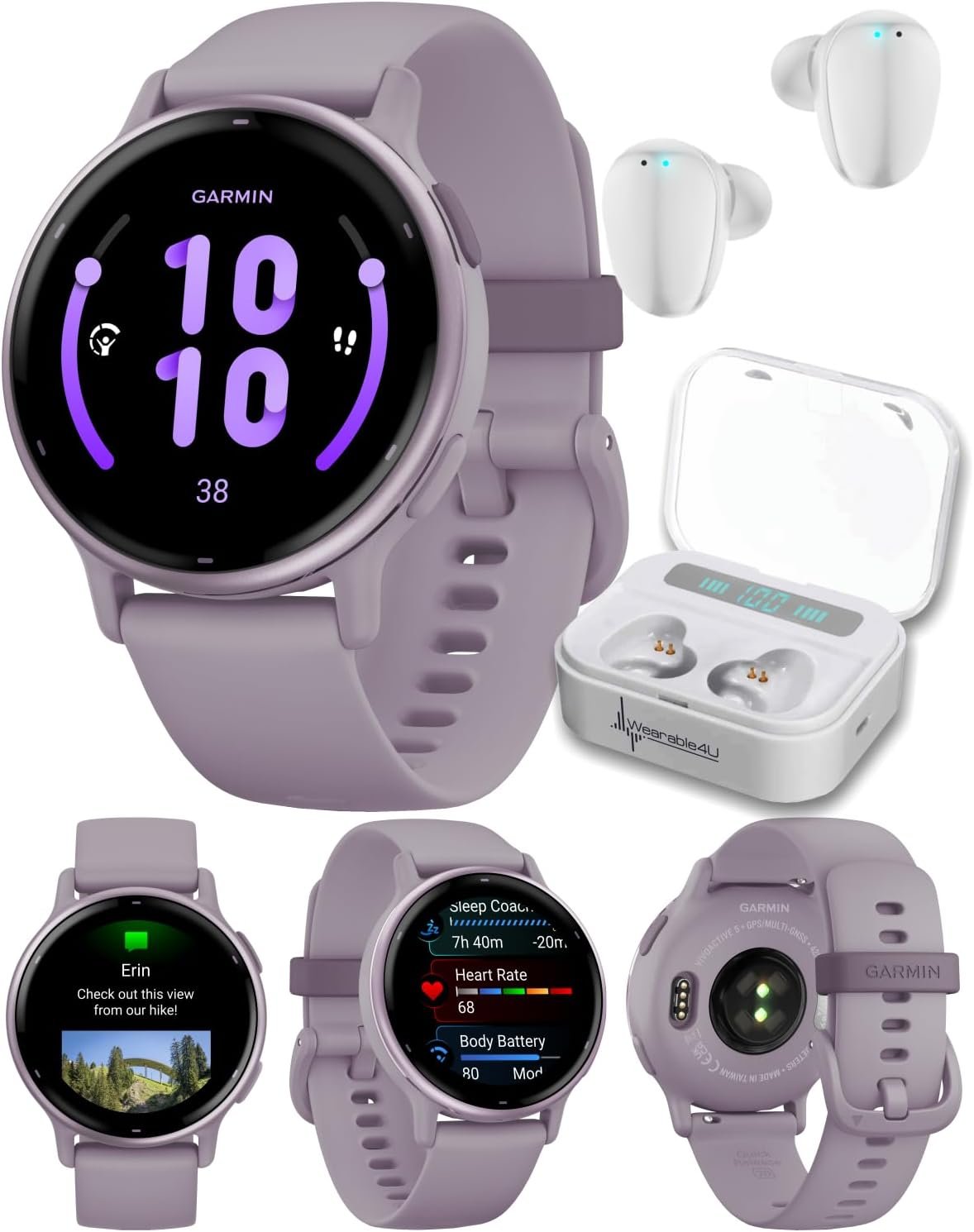 Wearable4U - Garmin Vivoactive 5 Health and Fitness GPS Smartwatch, 1.2 in AMOLED Display, Up to 11 Days of Battery, Metallic Orchid Aluminum Bezel with Orchid Case with White Earbuds Bundle