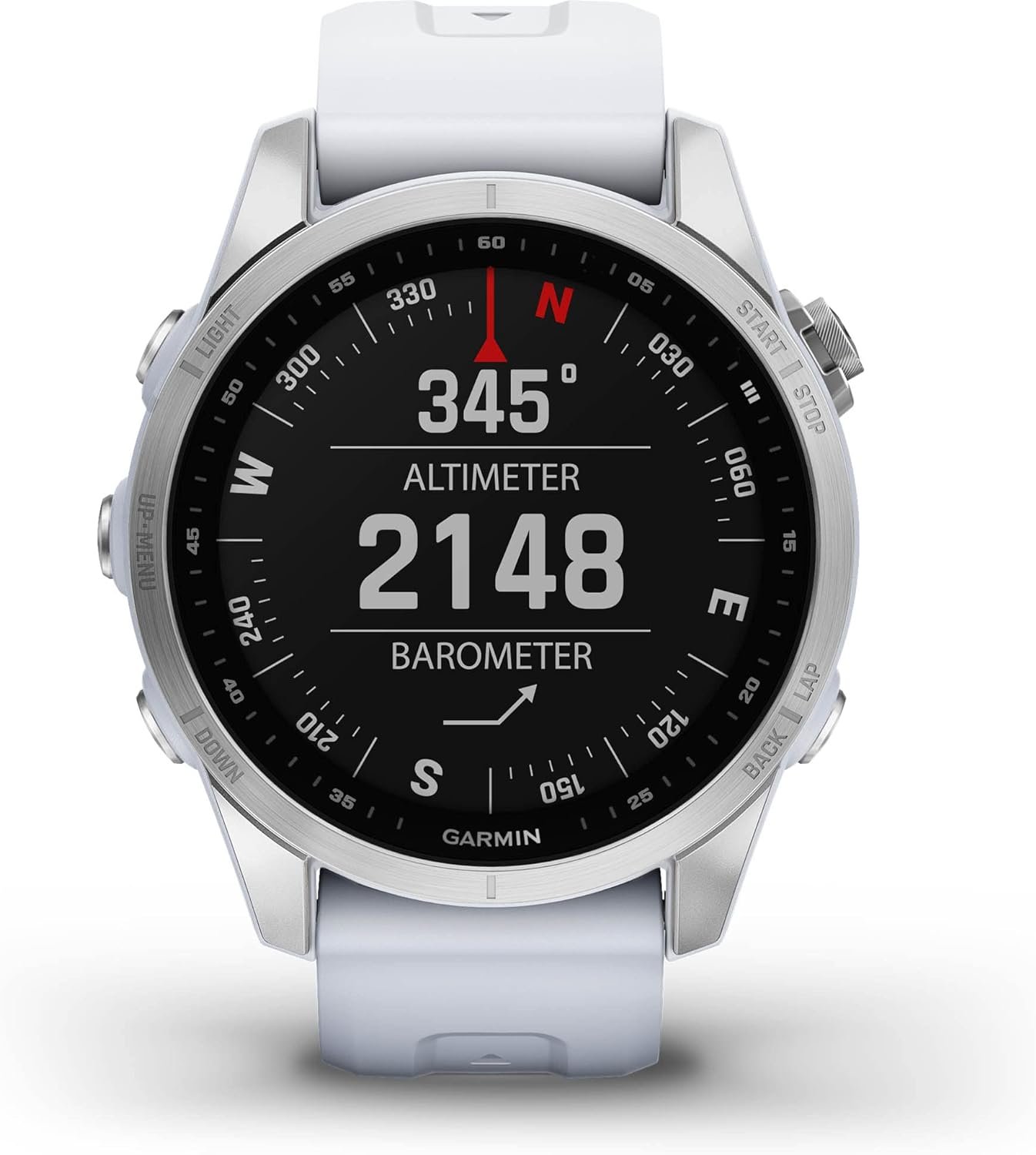 Garmin fenix 7S, Smaller sized adventure smartwatch, rugged outdoor watch with GPS, touchscreen, health and wellness features, silver with whitestone band (Renewed)