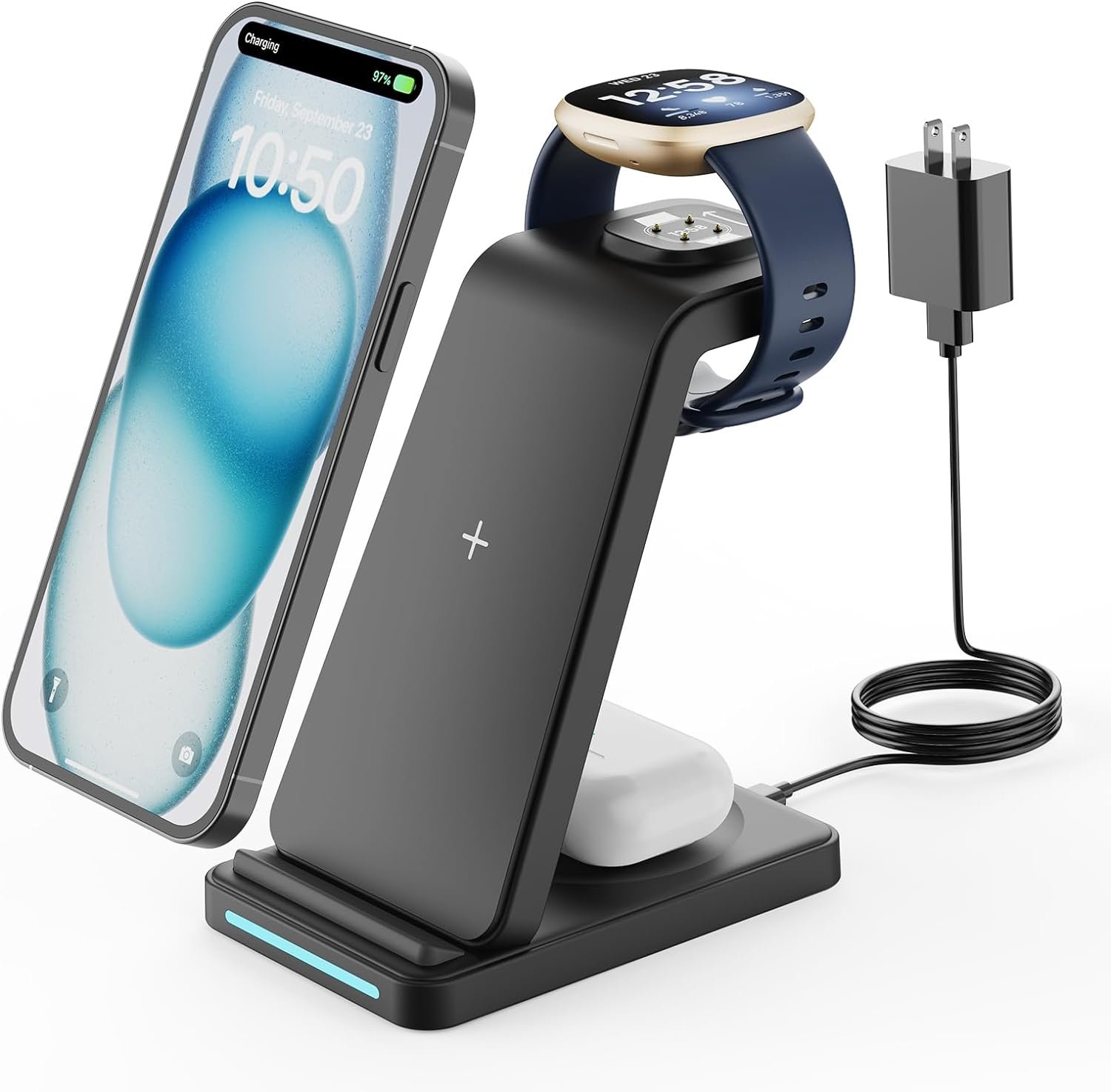 Wireless Charger for Fitbit Charging Station - GEEKERA 3 in 1 Phone Charger Stand for Fitbit Watch Sense 2/Sense/Versa 4/3, iPhone, Samsung, Google Pixel Phones, Androids, Airpods 3/2