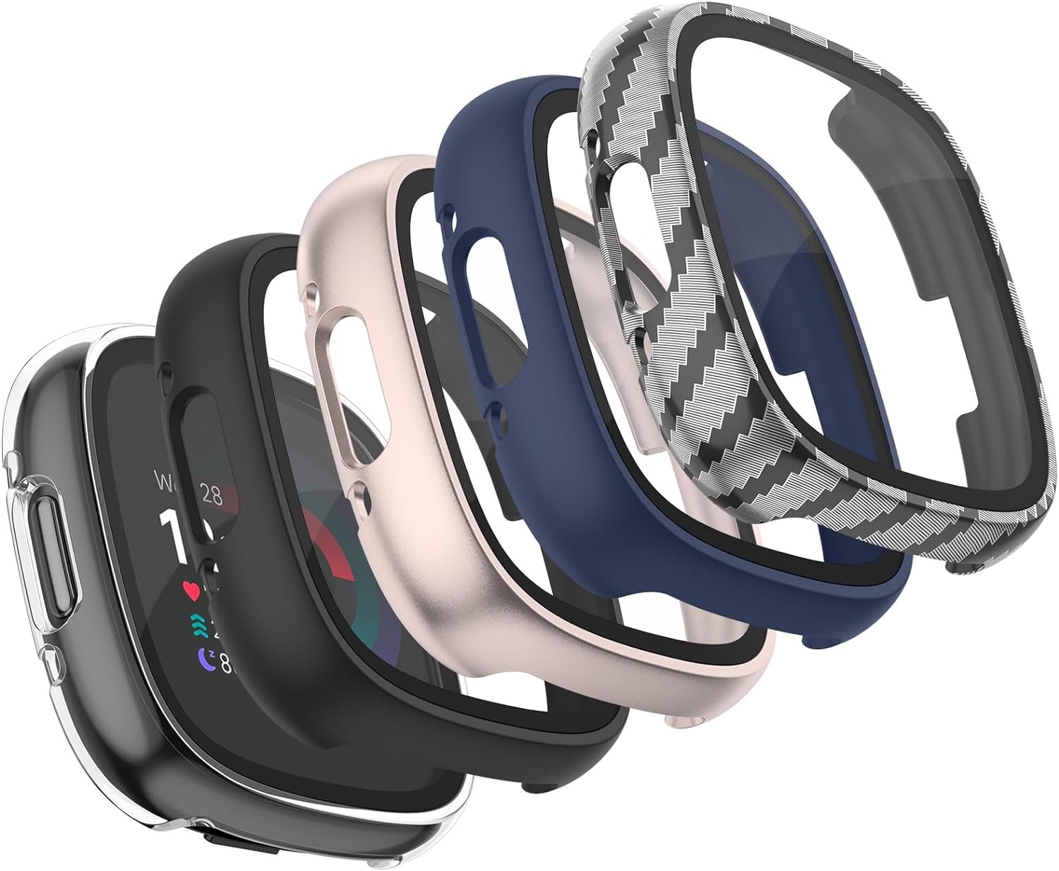 Meliya 4-Pack Screen Protector Tempered Glass Case for Fitbit Sense 2 / Versa 4, Full Around Hard PC Case with Sensitive Touch Film Protective Case (Black+Starlight+Navy Blue+Wave)