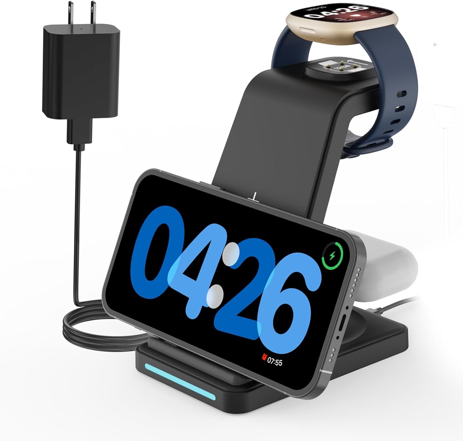 Wireless Charger for Fitbit: JoyGeek 3 in 1 Charging Station for Fitbit Versa 4/Versa 3/Sense 2/Sense, Phone Charger Stand for iPhone & Google Pixel Phone & Galaxy Phone, AirPods 3/2 (Black)