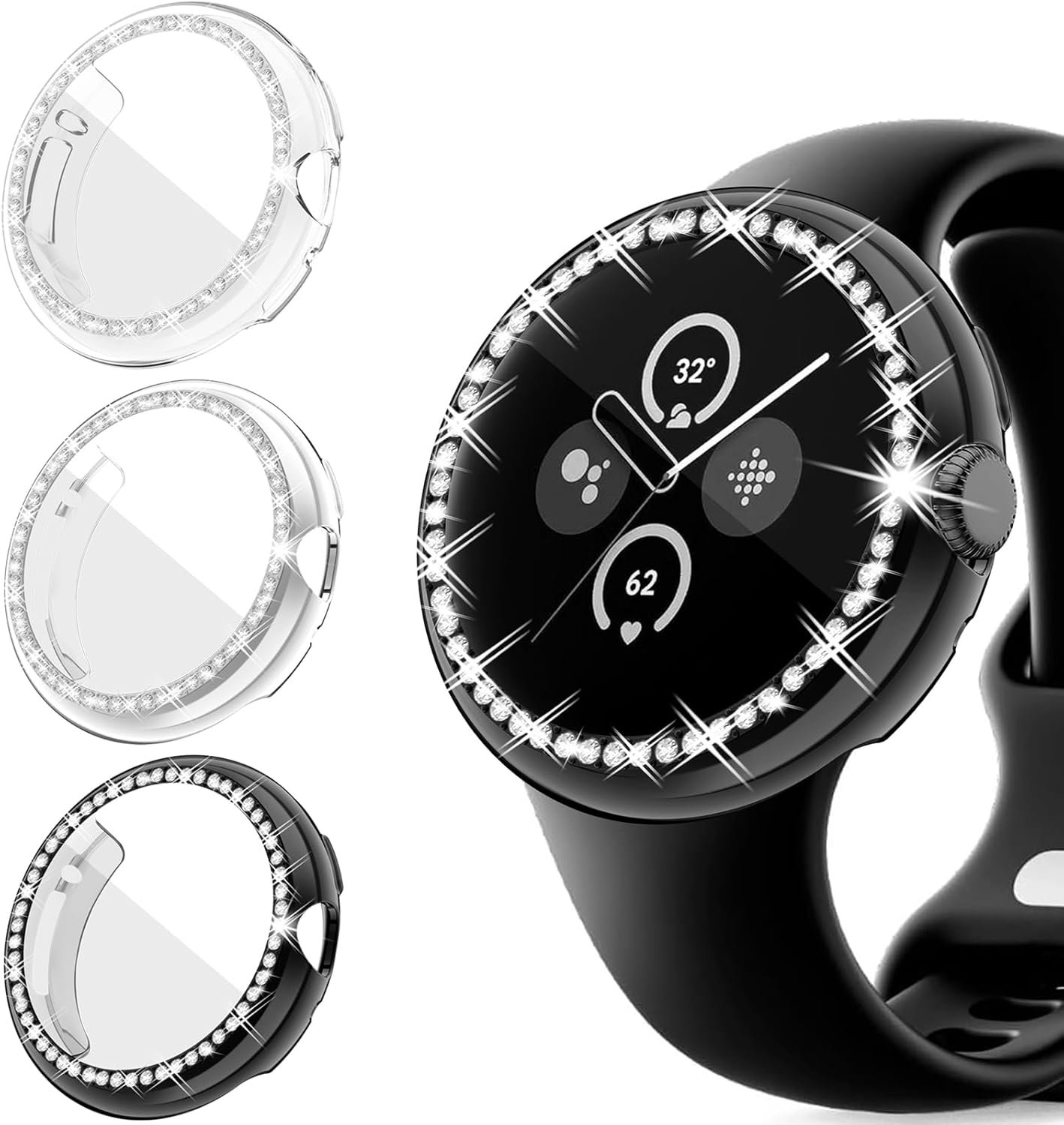 3-Pack Bling TPU Case Compatible with Google Pixel Watch & Pixel Watch 2 (41mm), Soft Flexible Glitter Screen Protector, Sparkling Rhinestone Full Protective Covers for Pixel Watch (3 Colors)