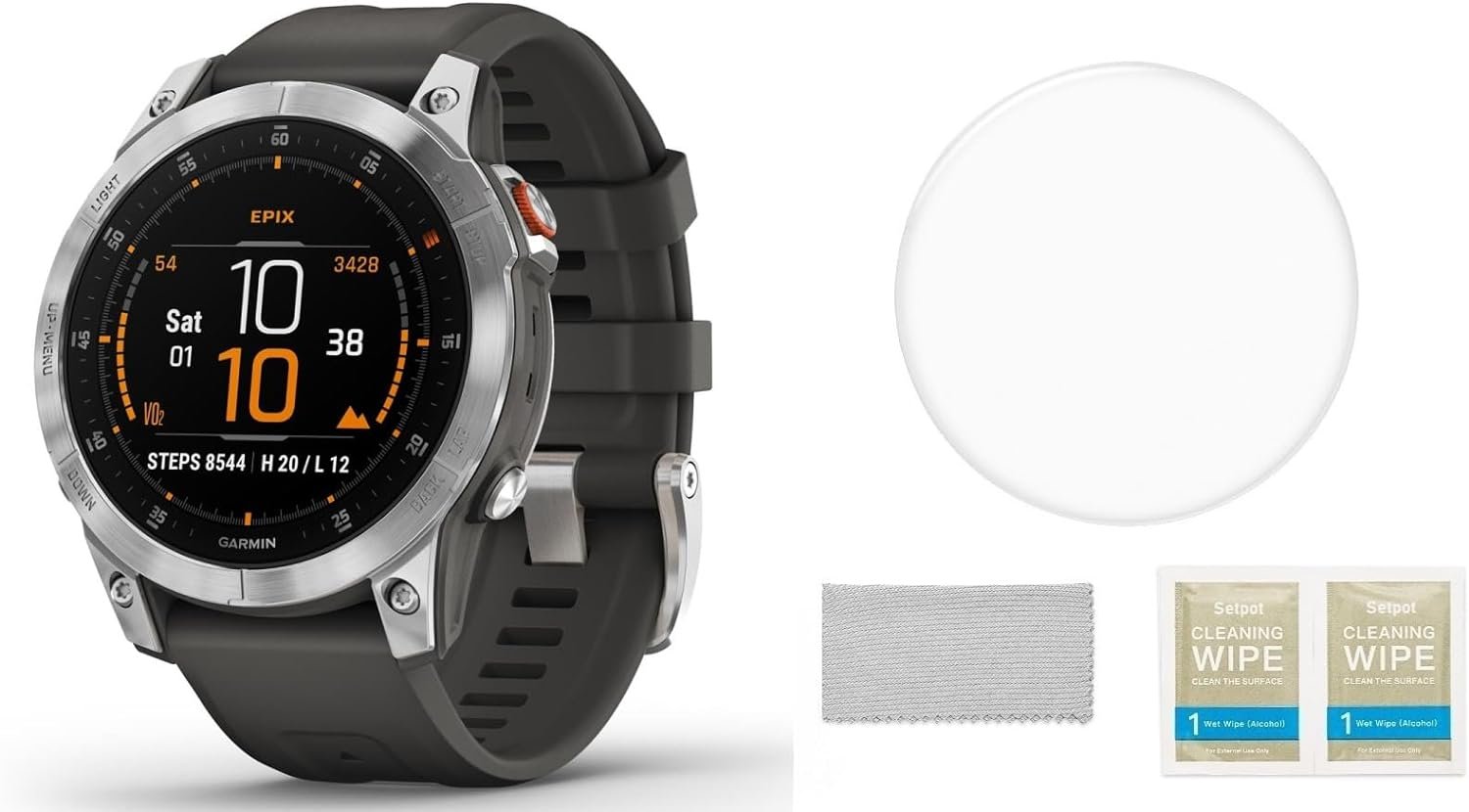 SETPOT Garmin Epix Gen 2 Premium Active GPS smartwatch | 47mm | Touch AMOLED display | Advanced Adventure watch Protective Bundle with Tempered Glass HD Screen Protector (Slate Steel W/Graphite Band)