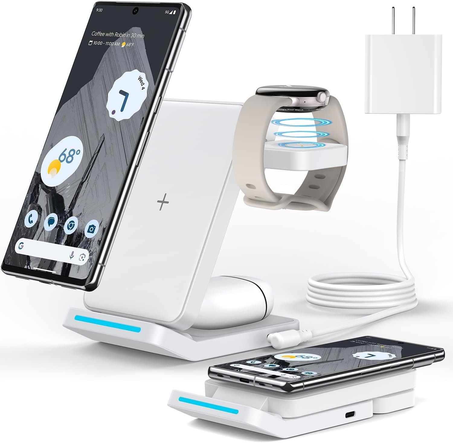 3 in 1 Foldable Wireless Charger Only for Google Pixel Watch 2, Wireless Charging Stand for Google Pixel 8 Pro/8a/8/7 Pro/7a/7/6/Pro and Pixel Buds Pro, Charging Station with QC 18W Adapter, White