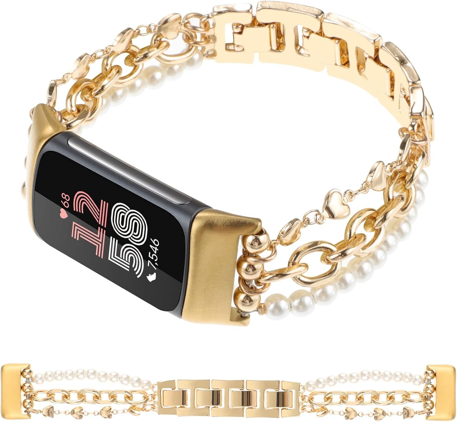 Pearl Beaded Bands Compatible with Fitbit Charge 6/Charge 5 Band Women, Dressy Wristband Stylish Gold Love Shape Link Chain Cute Strap Jewelry Bracelet for Fitness Tracker