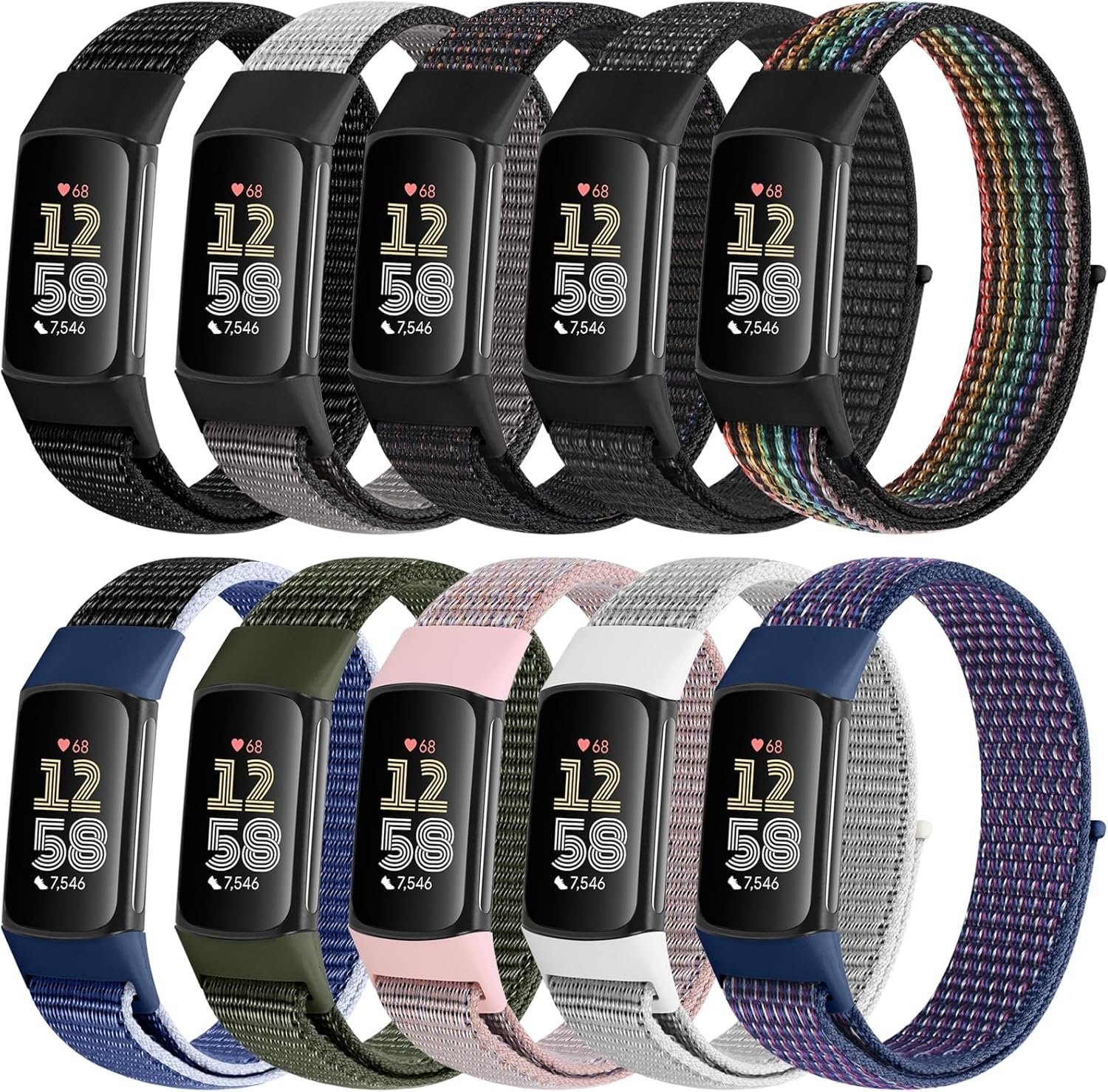 10 Pack Sport Loops Band Compatible with Fitbit Charge 6/ Charge 5 Bands Nylon for Women Men, Replacement Charge 6 Charge 5 Straps, Breathable Fabric Sport Wristband