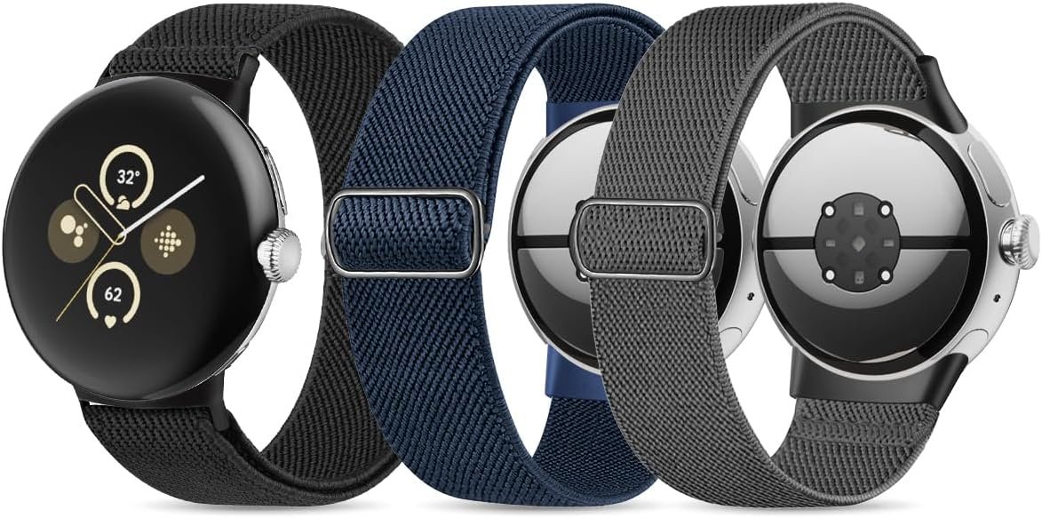 Stretchy Nylon Bands Compatible with Google Pixel Watch 2 Band/Pixel Watch Band - Upgraded Stainless Steel Lugs - Adjustable Elastic Braided Replacement Sport Loop Straps for Women and Men