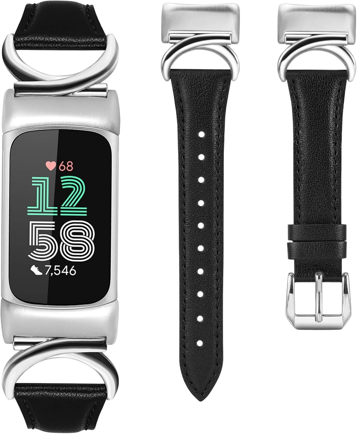 Minyee Leather Bands Compatible with Fitbit Charge 6 Band/Fitbit Charge 5 Band Women, Slim Thin Dressy Designer Premium Leather Strap with C-Shape Metal Buckle for Charge 6/5 Smartwatch