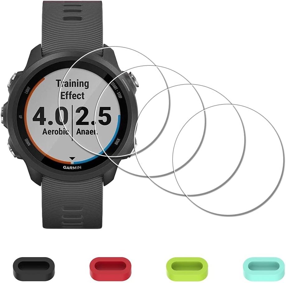 [4 Pack] Screen Protector for Garmin Forerunner 245 Music / 245 Smartwatch + Silicone Anti-dust Plugs Tempered Glass Anti-Scratch Bubble-Free
