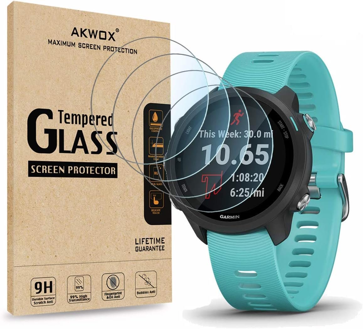 AKWOX Pack of 4 Compatible with Garmin Forerunner 45 45S 245 245 Music Tempered Glass Screen Protector, [0.3mm 2.5D High Definition 9H] Screen Protector for Garmin Vivoactive 3