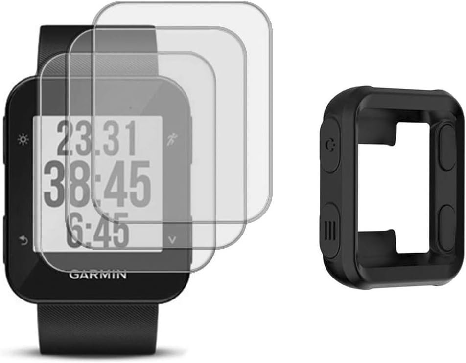 Watch Screen Protector (3 Pack) Compatible Garmin Forerunner 35 Tempered Glass Film Anti-Scratch High Definition Full Coverage and (1Pack) Silicone Case for Smart watch