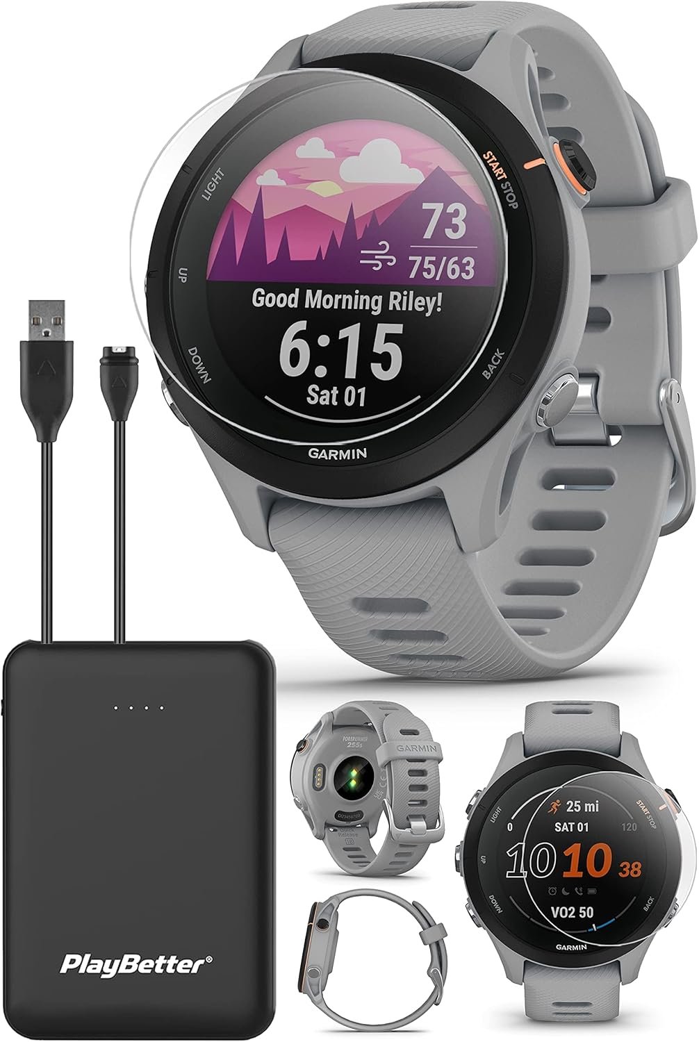 PlayBetter Garmin Forerunner 255S (Powder Gray) GPS Running Smartwatch Bundle - VO2 Max, Race Predictor, Body Battery, Heart Rate & Recovery Tracker - includes HD Screen Protectors & Portable Charger
