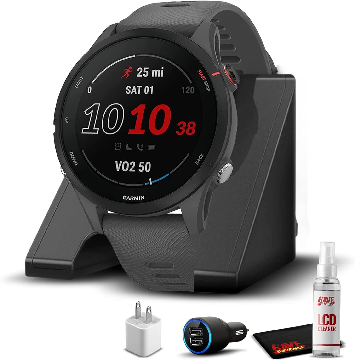 Garmin Forerunner 255, GPS Running Smartwatch, Advanced Insights, Long-Lasting Battery, Slate Gray with Charging Base, Travel Accessory Kit & 6Ave Cleaning Kit