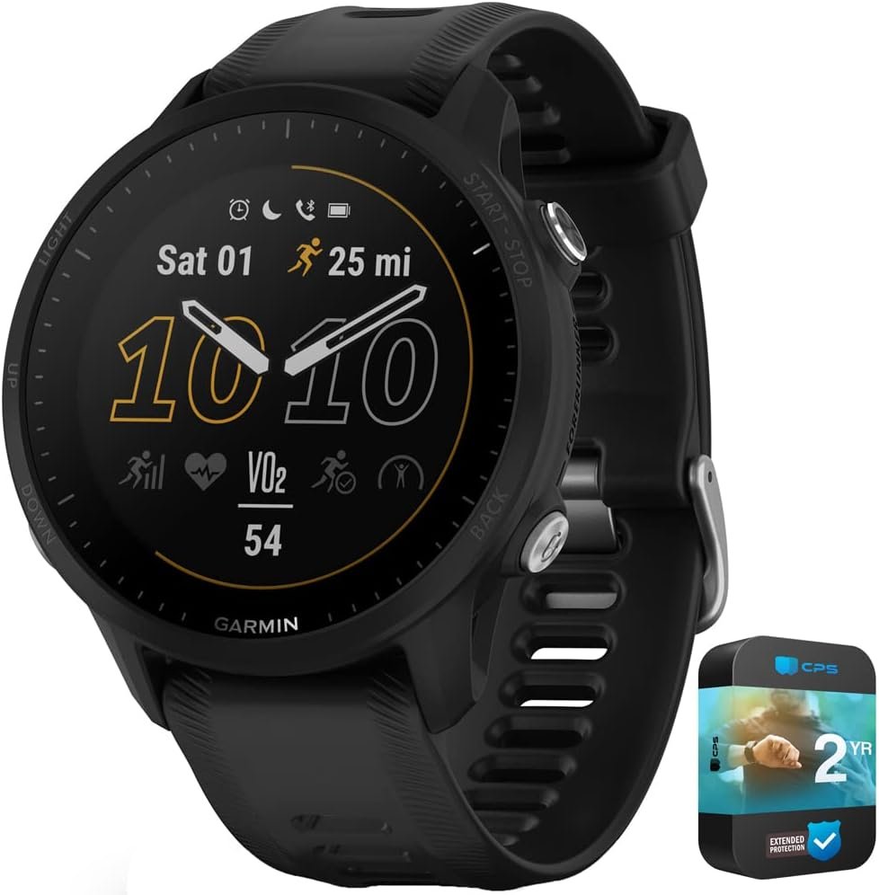 Garmin 010-02638-00 Forerunner 955 Solar GPS Smartwatch Black Bundle with 2 YR CPS Enhanced Protection Pack