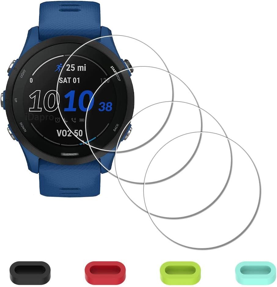 [4 Pack] Screen Protector for Garmin Forerunner 255/255 Music 46mm Smartwatch + Silicone Anti-dust Plugs Tempered Glass Anti-Scratch Bubble-Free