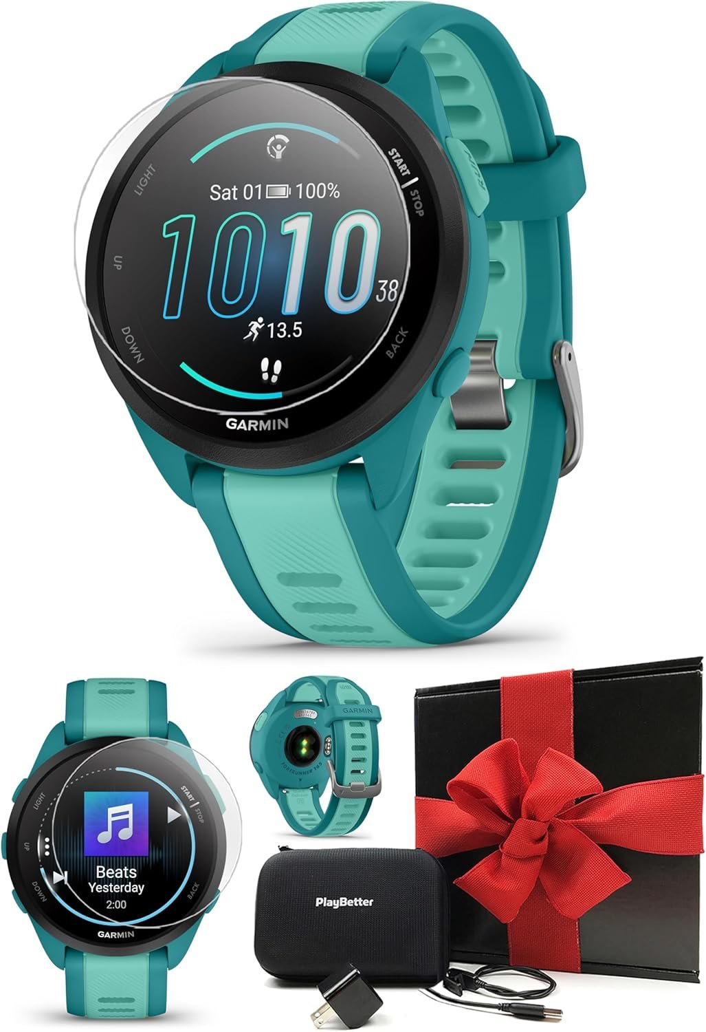 PlayBetter Garmin Forerunner 165 Music (Turquoise/Aqua) Running GPS Smartwatch Gift Box Bundle - AMOLED Touchscreen, 11-Day Battery, Training - Includes HD Screen Protectors, Wall Adapter & Case