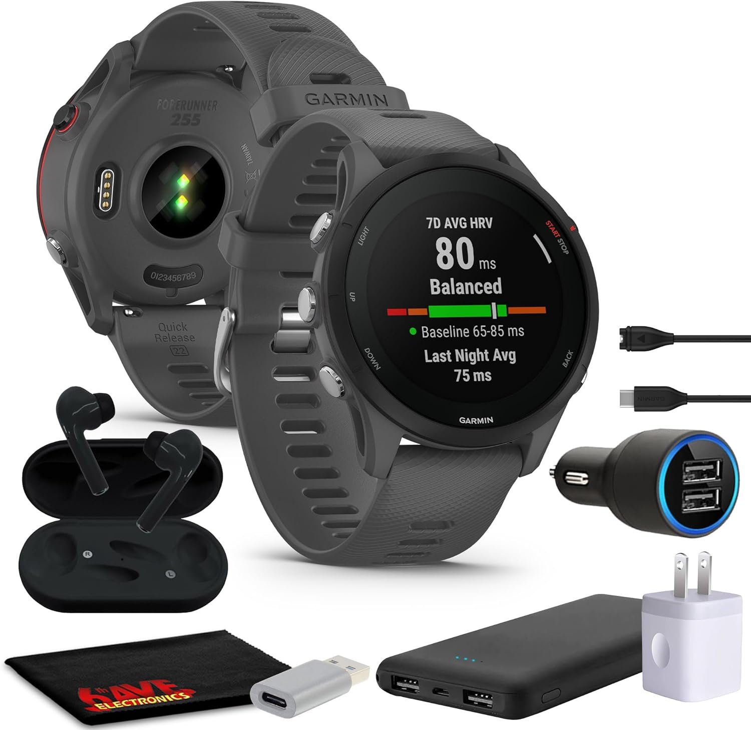 Garmin Forerunner 255 GPS Running Smartwatch, Advanced Insights, Long-Lasting Battery, 46MM Fitness Smart Watch for Men and Women Slate Gray, Bundle with Portable Charger and More