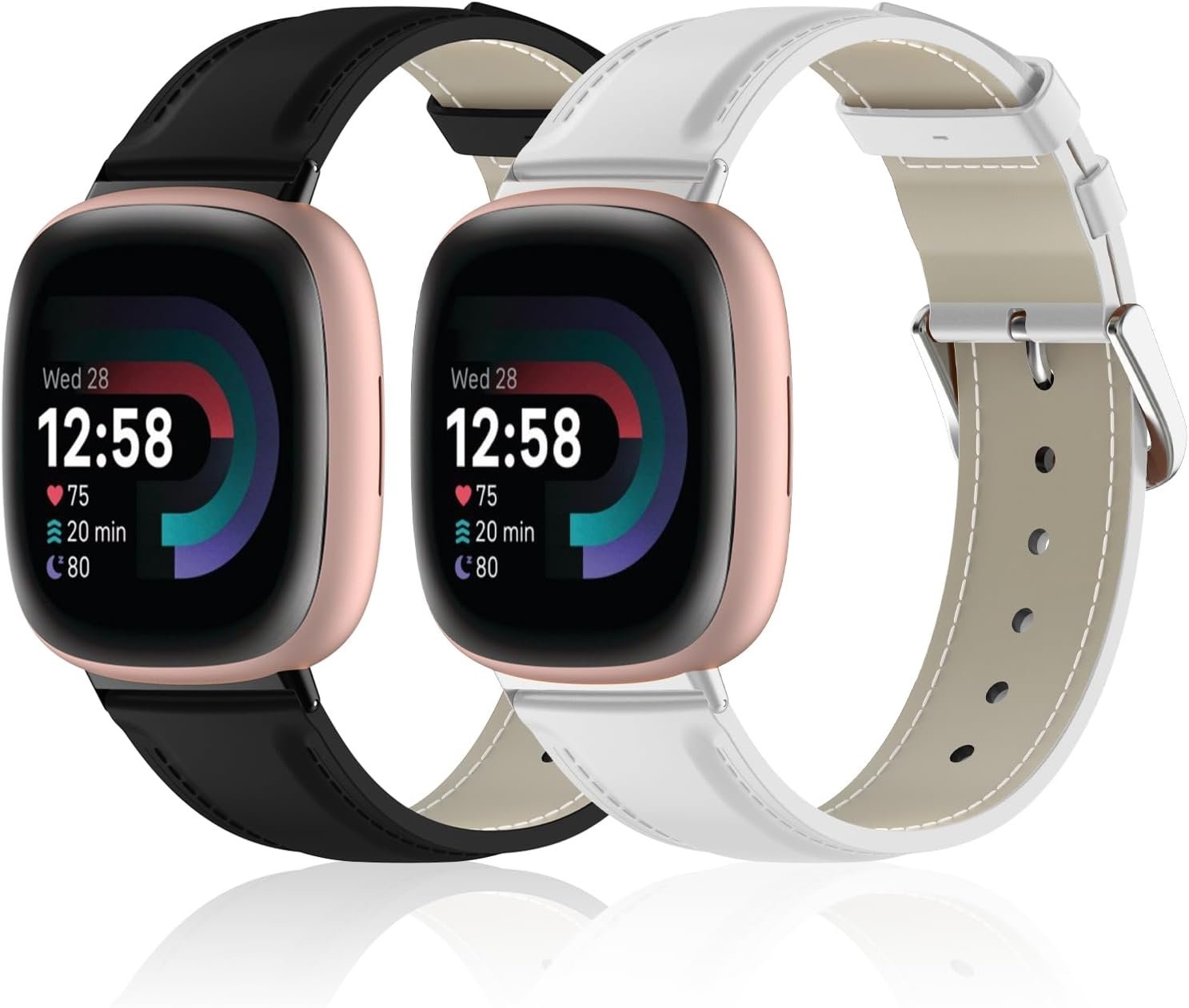 2 Pack Leather Bands Compatible with Fitbit Versa 3/Sense Smartwatch, Soft Genuine Leather Replacement Wristband for Women & Men