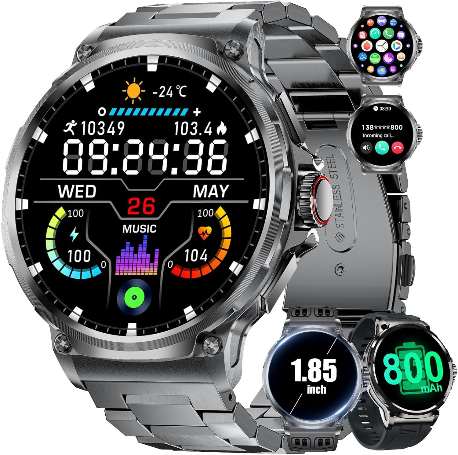 LIGE Smart Watches for Men(Answer/Make Call),1.85" HD Screen Outdoor Sports Smartwatch,800mAh Battery,Heart Rate/Sleep Monitor 5ATM Waterproof Fitness Tracker for Android iOS,3 Straps