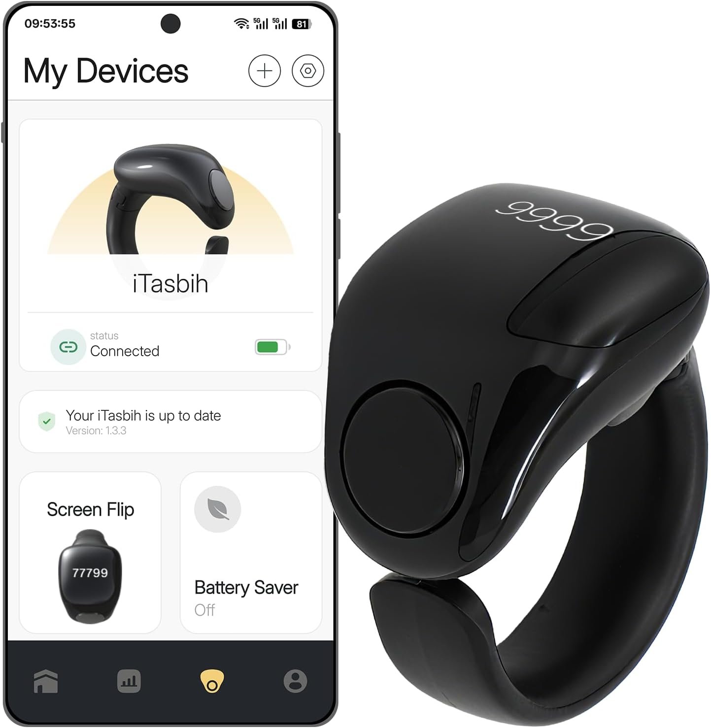 Zikr Smart Ring,Adjustable Ring Finger Counter, Tasbeeh Counters, Prayer Direction Indicator Guide,5 Azan Alarm Clock, APP Support Eid al-Fitr Eid al-Adha Ramadan Gift for Muslims (Black -20mm&22mm)