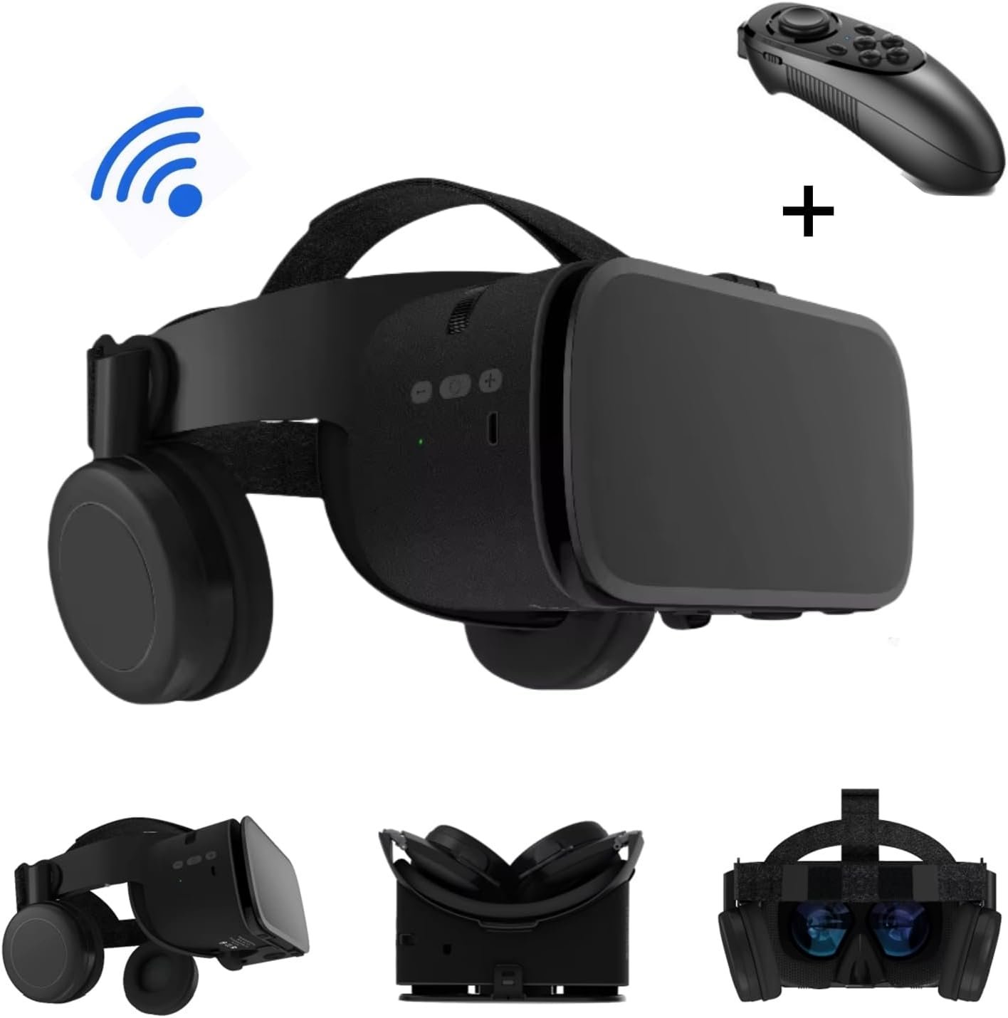 VR Headset Virtual Reality Glasses for iPhone and Android Phones, Foldable 3D VR Goggles Set Bundle with Bluetooth Headphones for Both Adults and Kids Play 3D VR Games Movies, Black