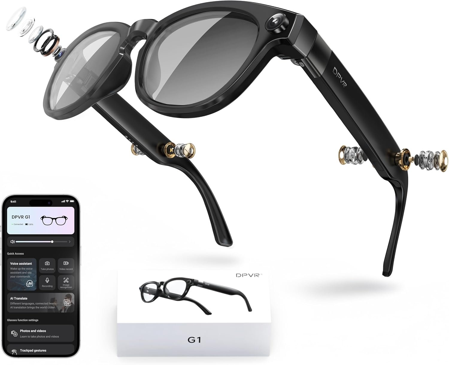 DPVR G1 Smart Glasses with Camera and Bluetooth – 8MP 32Gb AI Glasses for Men and Women, Video Recording Glasses with Voice Control