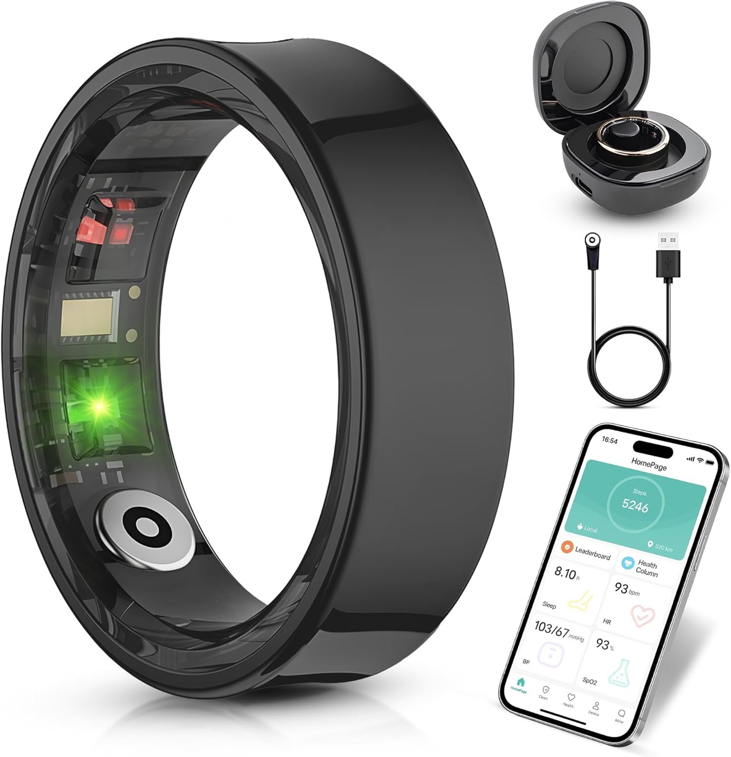 Health Tracker Rings, Smart Rings for Women Men with Heart Rate, Sleep Tracker Wearable, Steps,Calories, No Subscription Fee, IP68 Waterproof Smart Ring for iOS & Android Black - Size 8