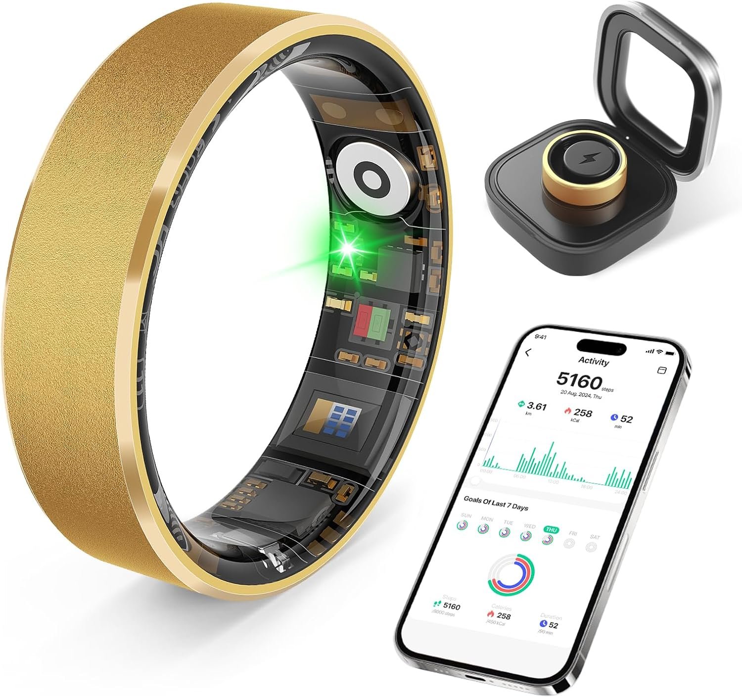 Smart Health Ring, Featuring Heart Rate, Stress and Sleep Monitoring Functions, Compatible with iPhone and Android, Waterproof Fitness Tracker for Women & Men, No Subscription Fee. (Gold, 7)