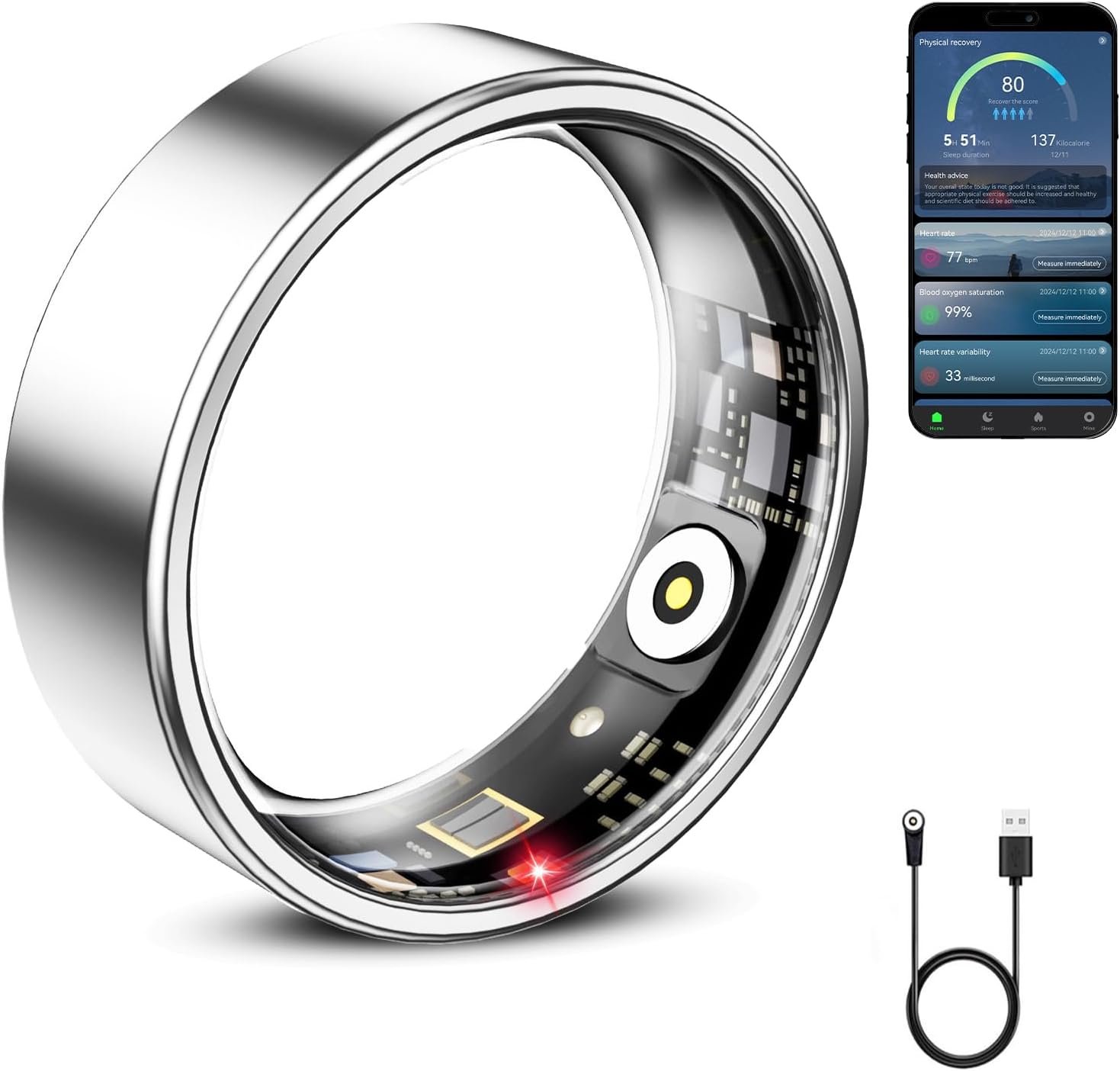 Mirlray Smart Ring for Women & Men, Smart Ring Health Tracker, Blood Oxygen & Heart Rate Monitor, Long Lasting Battery Sleep Ring, Waterproof Fitness Ring (Silver, 9)