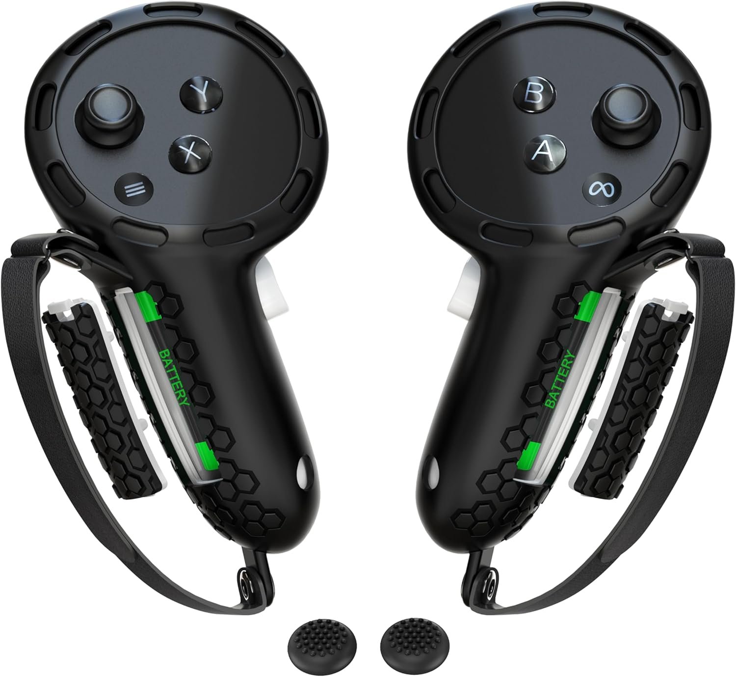 Controller Grips Compatible with Meta Quest 3S Oculus Quest 3 Controllers Straps Knuckle Hand Strap with Battery Opening Covers with Thumbsticks Covers Black, Batteries Not Included